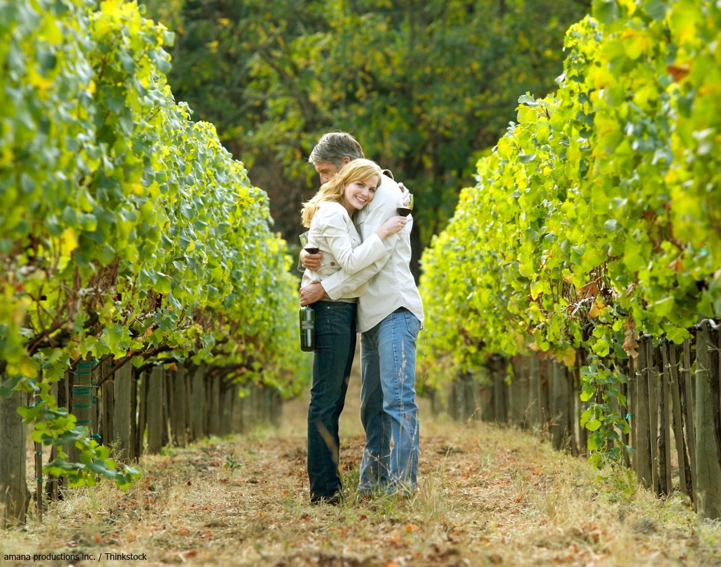 Couple hugging in a vineyard