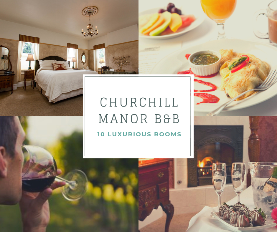 Collage of a Churchill Manor guest room, breakfast, wine and strawberries, person drinking wine